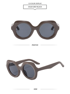 Front and side view of trendy oversized thick frame sunglasses in solid grey and black