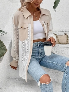Elegant beige lace patchwork long sleeve shirt jacket for women in outdoor setting