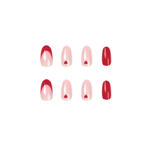 French red heart almond press-on nails with shiny finish on white background