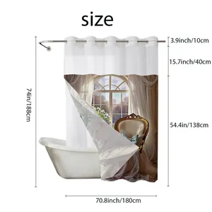 Detailed size chart for 71x74 inch waterproof polyester shower curtain with floral design