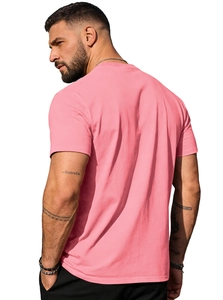 Rear view of a pink crew neck cotton T-shirt showing minimalist cut and casual fit