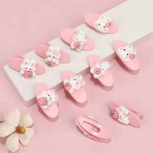 Cute pink bunny and strawberry hair clips set of 10 for girls with resin decorations