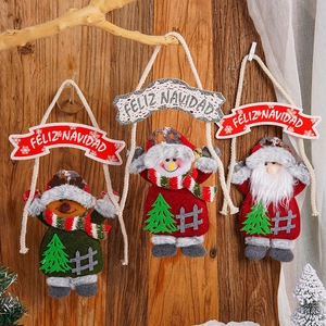Three Christmas felt ornaments featuring Santa, Snowman, and Reindeer with Feliz Navidad banners