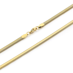 Flat gold snake chain necklace in stainless steel with a secure lobster clasp on white background