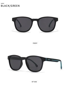 Front and 45-degree side views of classic black TR sunglasses with green inner accents