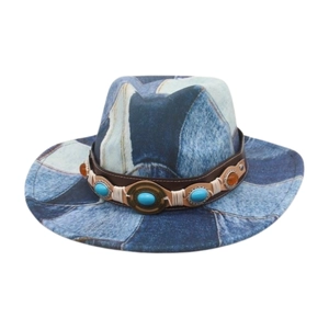 Western patchwork denim style cowboy hat with turquoise beads and metal buckle decor