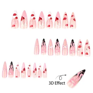 Pink 3D bow and red lip print long almond press-on nails with pearl and heart designs