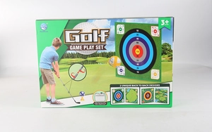 Vista frontal del embalaje del juego de golf infantil con 2 diseños únicos de doble cara