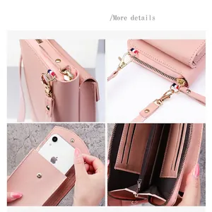 Pink crossbody phone wallet with lychee leather texture and multi-card slot design