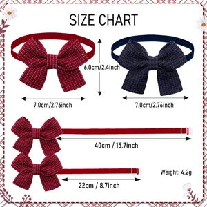 Size chart showing 7x6cm dimensions for plaid pet bow ties with adjustable straps