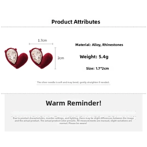 Red flocked heart earrings with rhinestone detail, 1.7x2cm size and 5.4g weight specifications