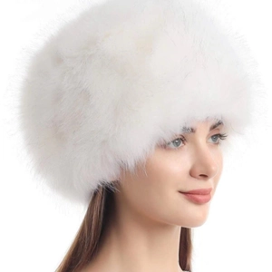 Winter faux fox fur Russian style Cossack hat for women in warm white plush