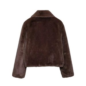 Deep brown faux fur jacket for women with long sleeves and thick plush texture, back view