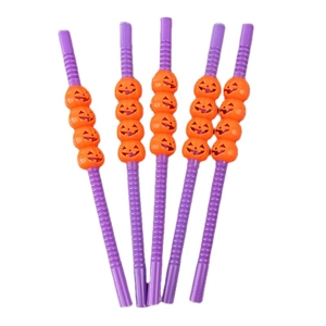Five purple flexible Halloween straws with orange Jack-o'-lantern pumpkin ornaments