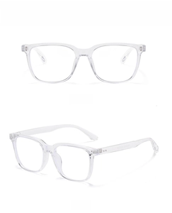 Dual view of transparent square frames showing front and 45-degree angle of anti-blue glasses