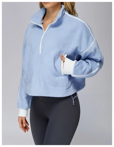 Detail of light blue fleece sweatshirt with white zipper collar and side stripe texture