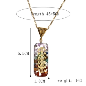 Detailed size specs for rainbow crystal rectangle pendant necklace with flower of life symbol