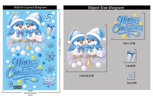 Size guide for blue Christmas window decals showing dimensions for birds and snowflakes