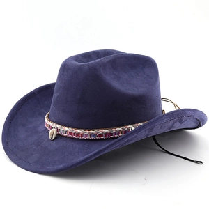 Detail of navy blue wool felt western hat with ethnic woven band and shell pendant detail