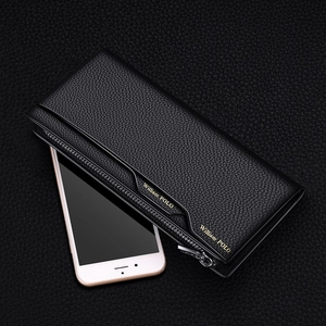 Genuine leather long wallet with lychee pattern and gold logo next to a smartphone