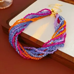 Multilayer colorful faceted crystal bead necklace with elegant golden metal clasp