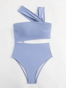 Close-up of one-shoulder cutout swimsuit with textured knot and light blue fabric