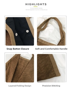 Detail view of brown fabric tote bag showing magnetic snap and pleated texture