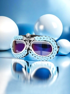 Detail of blue chain frame and silver skull cross on purple lens sports goggles