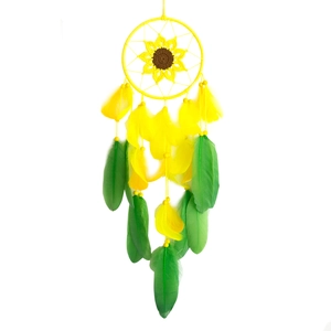 Handmade sunflower crochet dreamcatcher with vibrant yellow feathers and green beads decoration