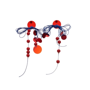 Ethnic geometric resin knot fringe earrings with red beads and blue woven tassels
