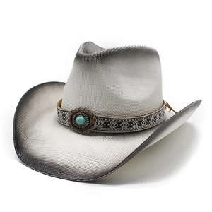 Breathable cream straw cowboy hat with gradient edges and turquoise gemstone detail