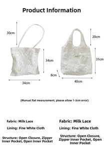 Detailed comparison of two white floral lace tote bags with size specs and inner lining
