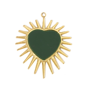 Detail of a golden heart pendant featuring a sunburst design and dark green center