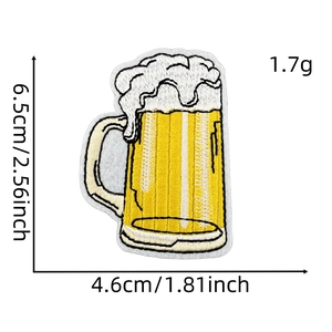 Detailed view of beer mug embroidery patch showing dimensions 6.5cm by 4.6cm