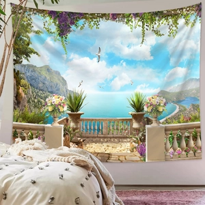 Detailed Mediterranean balcony view landscape tapestry hung on a modern bedroom wall