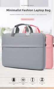 Detail of grey and pink waterproof laptop bags with reinforced handles and storage pockets