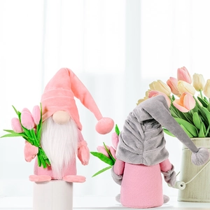 Pink and grey Mother's Day tulip gnomes plush home decor on white background