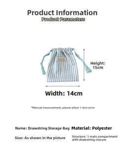Detailed size specifications of striped drawstring pouch made from polyester fabric