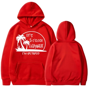 Front and back view of a red 'I'm Retired' hoodie with white palm tree graphics