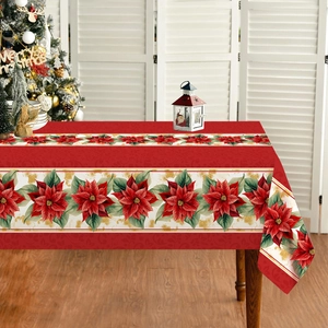 Waterproof Christmas tablecloth with red poinsettia floral prints for holiday dining table