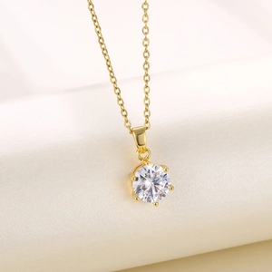 Classic Solitaire Pendant Necklace 18K Gold Plated Stainless Steel With Six Prong Round Cubic Zirconia Minimalist Jewelry