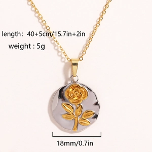 Elegant two-tone sunflower rose pendant necklace in gold and silver stainless steel