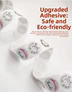Detail of adhesive Thank You roll stickers with floral designs for gift packaging and sealing
