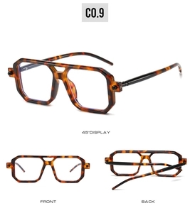 Multiple views of tortoise shell double-bridge square sunglasses showing angles and hinges