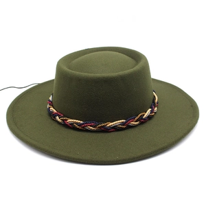 Close-up of army green wool felt jazz hat with multi-color braided rope band