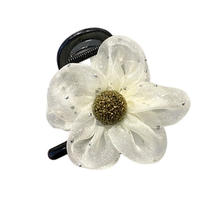 Elegant white mesh flower hair claw clip with golden stamen and sparkling petals