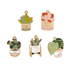 Set of 5 enamel succulent cactus pendants with Plant Mama and Plant Daddy lettering