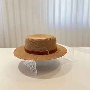 Women Boater Hat Flat Top Straw Sun Hat With Faux Leather Belt Wide Brim Retro Breathable Summer Beach Travel