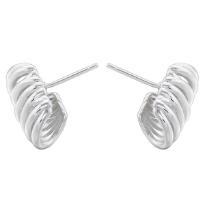 Macro shot of silver multi-layer spiral textured stud earrings in high polish finish