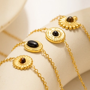 Vintage 18K gold plated steel bracelets with emerald and natural stone pendants